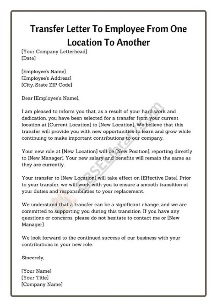 How do I write a letter transferred from one location to another?