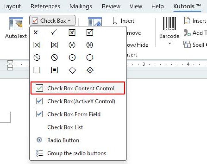 How do you insert a checkbox content control in Word?