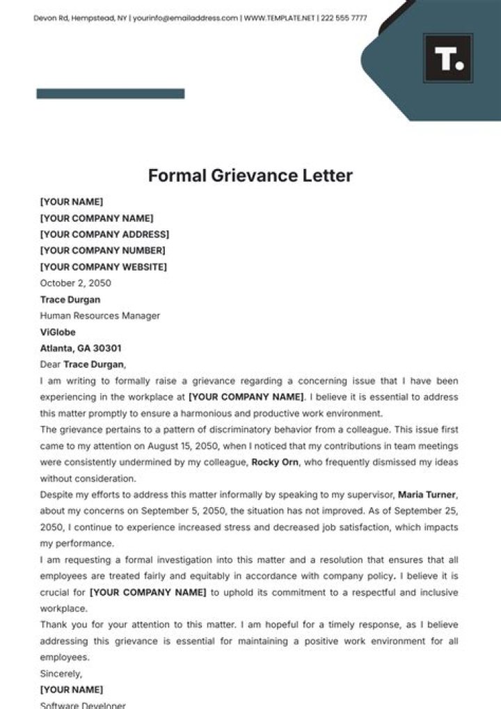 How do you write a formal grievance to an employer?