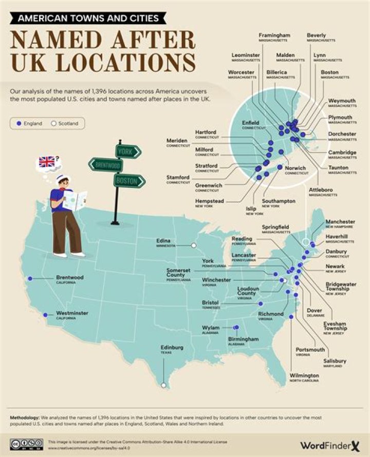 How many cities in US are named after UK cities?