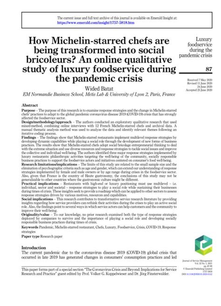 How Michelin starred chefs are being transformed into social Bricoleurs an online qualitative study of luxury foodservice during the pandemic crisis?
