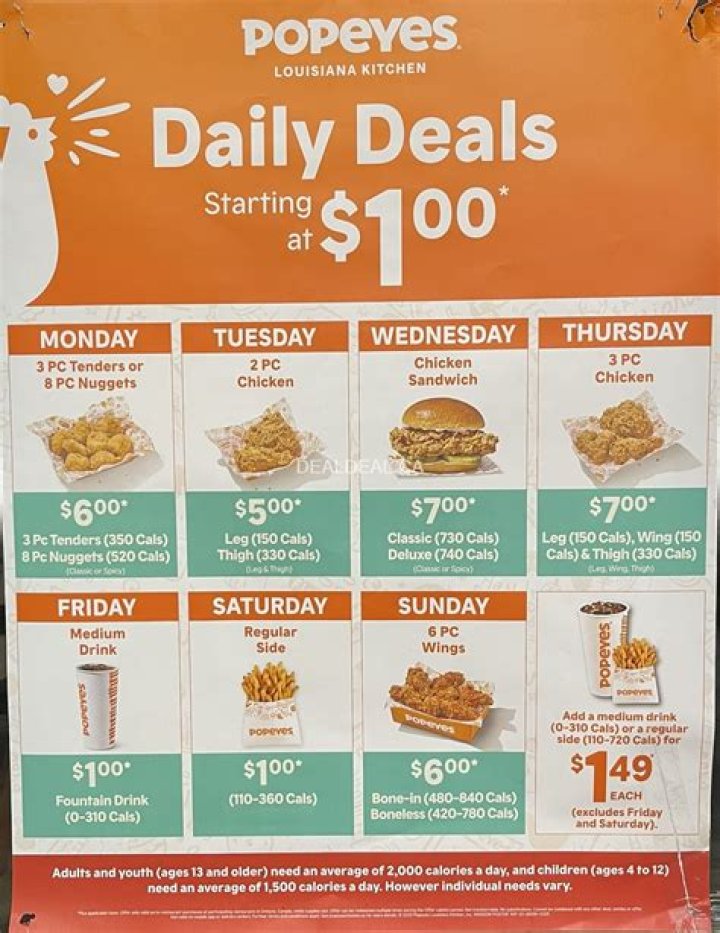 What are the daily deals at Popeyes?