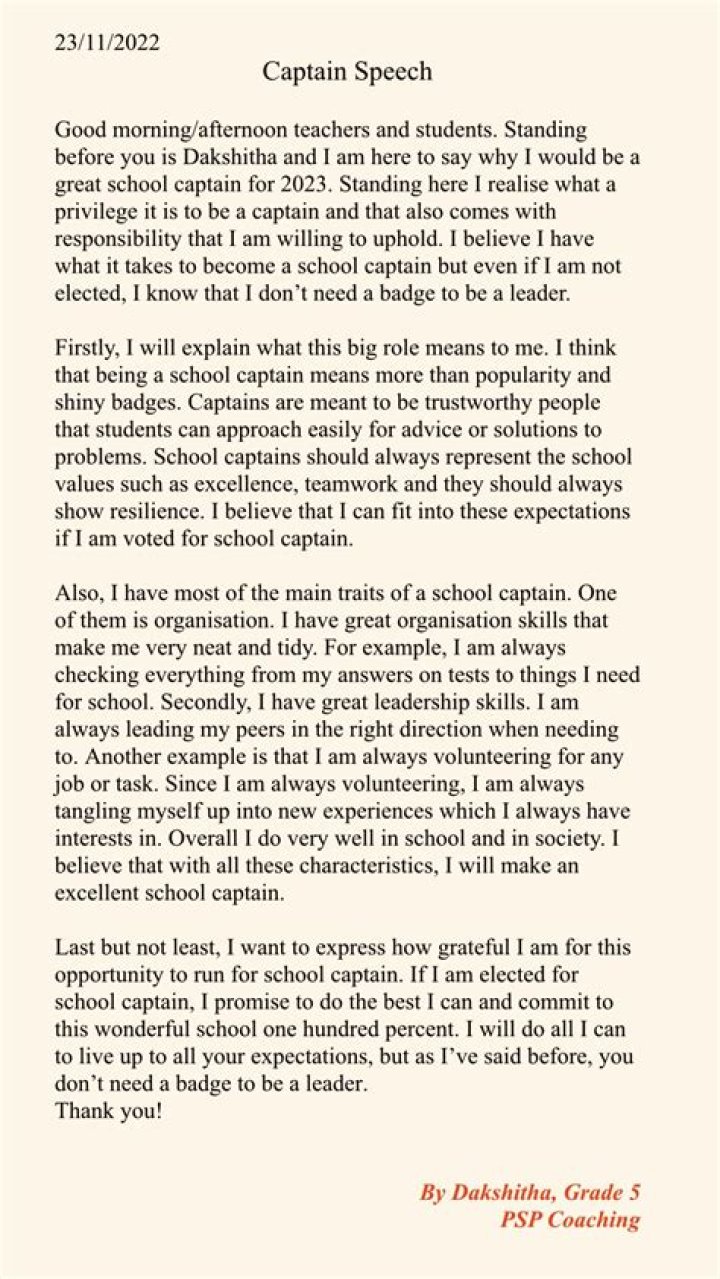 What do you say in a school captain speech?