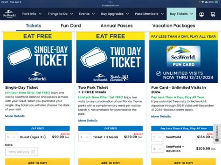 What does a single day ticket at SeaWorld include?