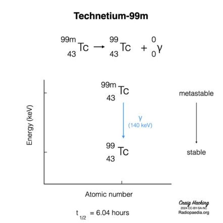 What happens to technetium-99m after it decays?