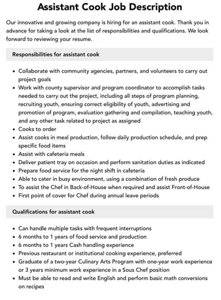 What is assistant cook duties and responsibilities?