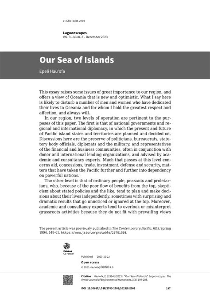 What is Epeli Hau OFA message in our sea of islands?