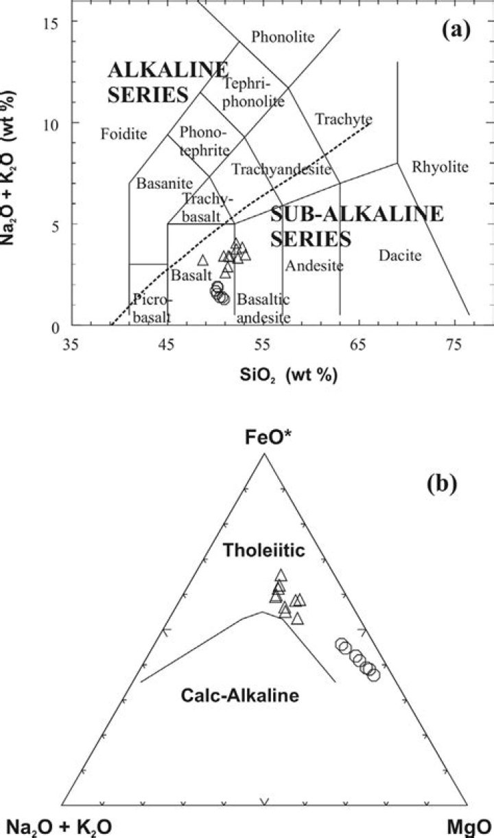 What is the difference between a tholeiitic basalt and an alkali basalt?
