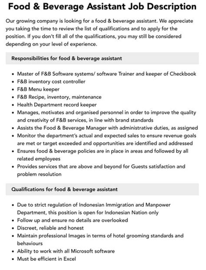 What is the job description of food and beverage?