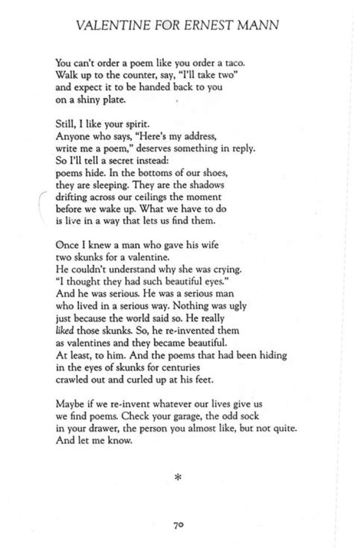What is the message of the poem Valentine for Ernest Mann?
