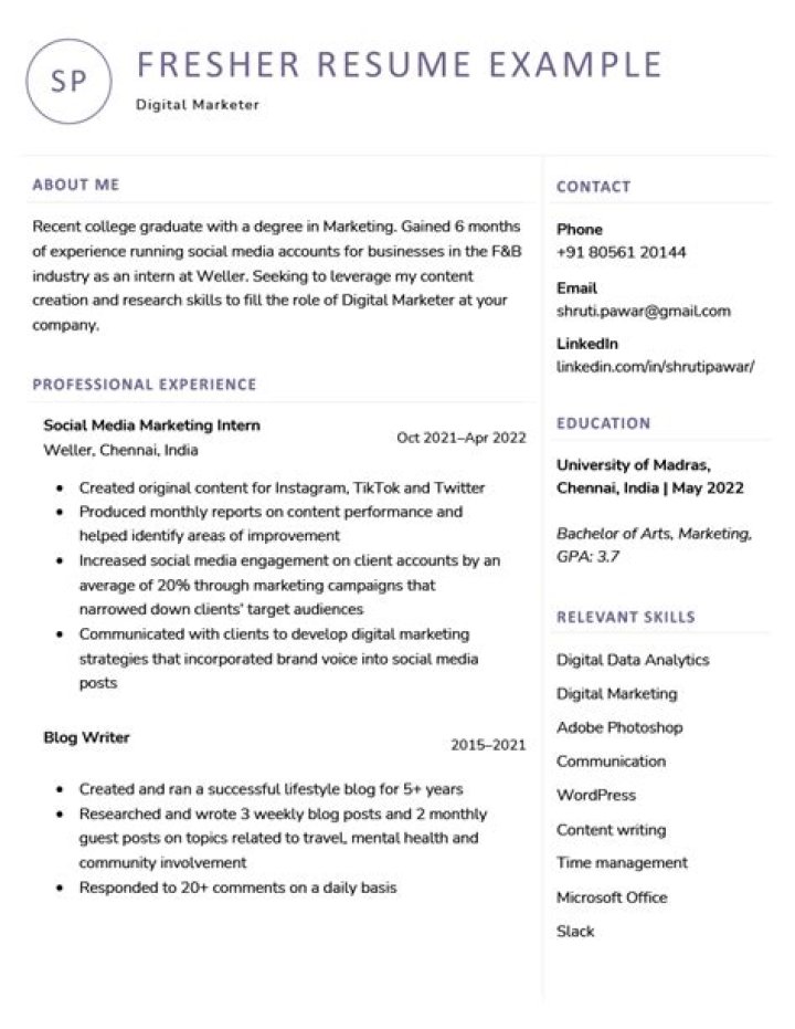 What should be included in fresher resume?