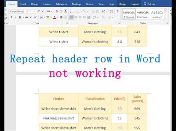 Why is repeat header row not working in Word?